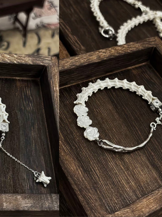 Snake Bone Hotan Jade Flower Bracelet Taoist Transformation Harmony Spiritual