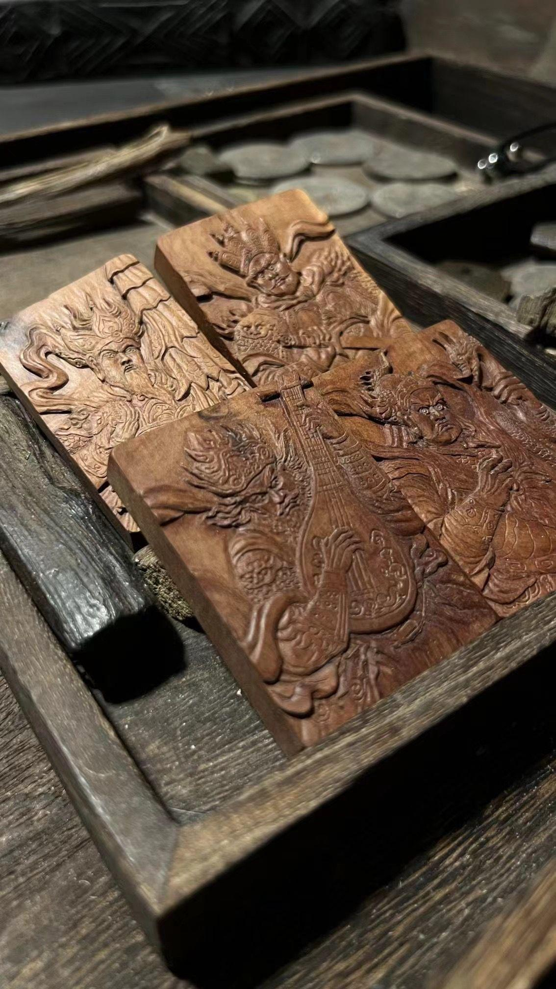 Wooden Plaque Necklace Relief Carved Spiritual Pendant Natural Wood Jewelry