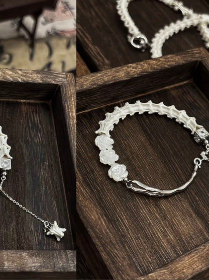 Snake Bone Hotan Jade Flower Bracelet Taoist Transformation Harmony Spiritual