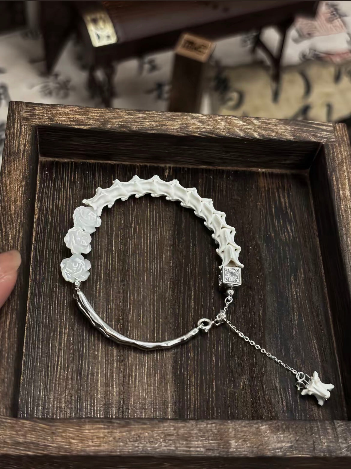 Snake Bone Hotan Jade Flower Bracelet Taoist Transformation Harmony Spiritual